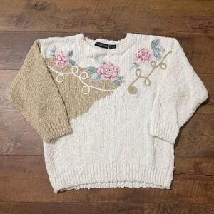 Ashleigh Morgan Vintage Floral‎ Knit Sweater Pearl Applique Tan White Small